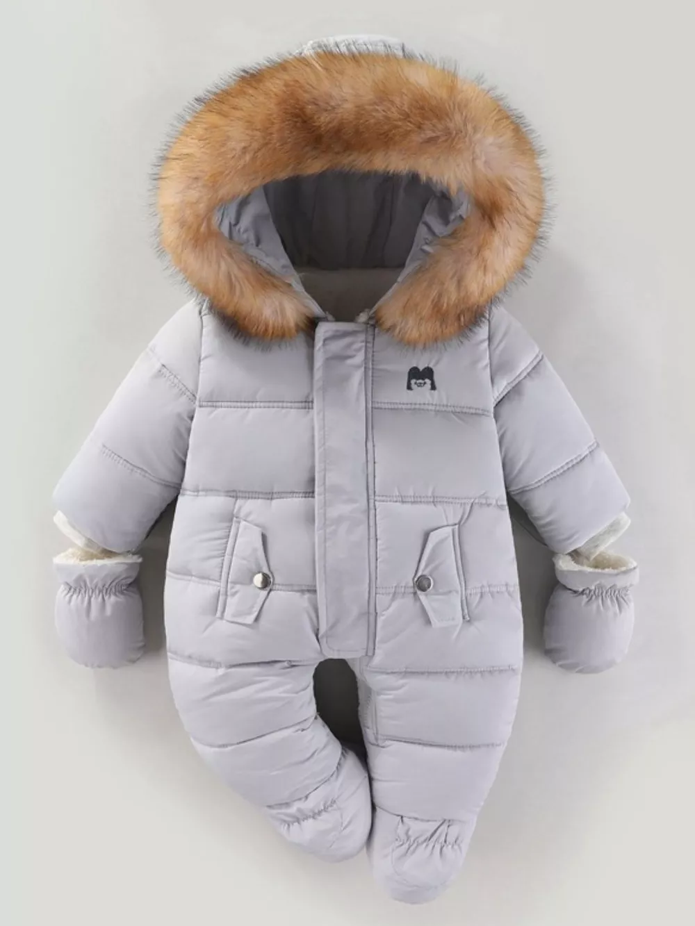 Children's Warm Padded One-Piece Snowsuit with Fur Hood, image 22