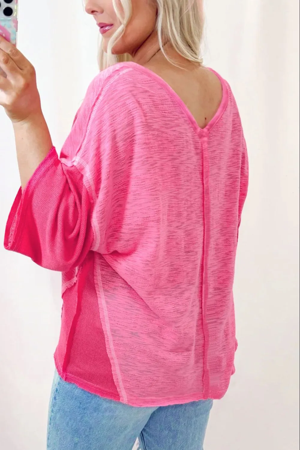 Exposed Seam V-Neck Three-Quarter Sleeve Blouse, image 9