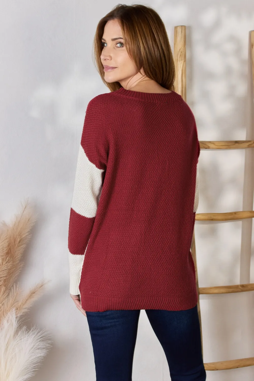 Full Size Color Block Dropped Shoulder Knit Top, image 3