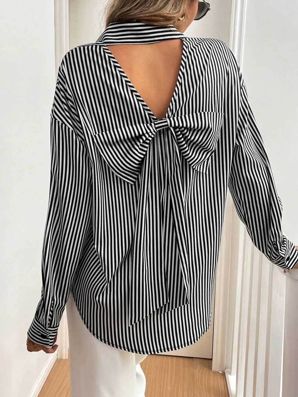 Cutout Bow Back Striped Collared Neck Long Sleeve Shirt, image 4