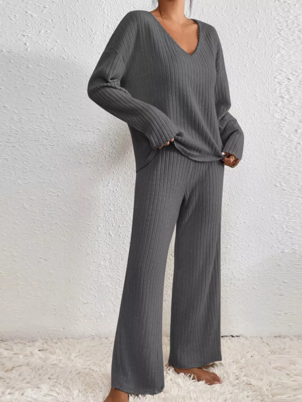 Ribbed V-Neck Top and Pants Set, image 9