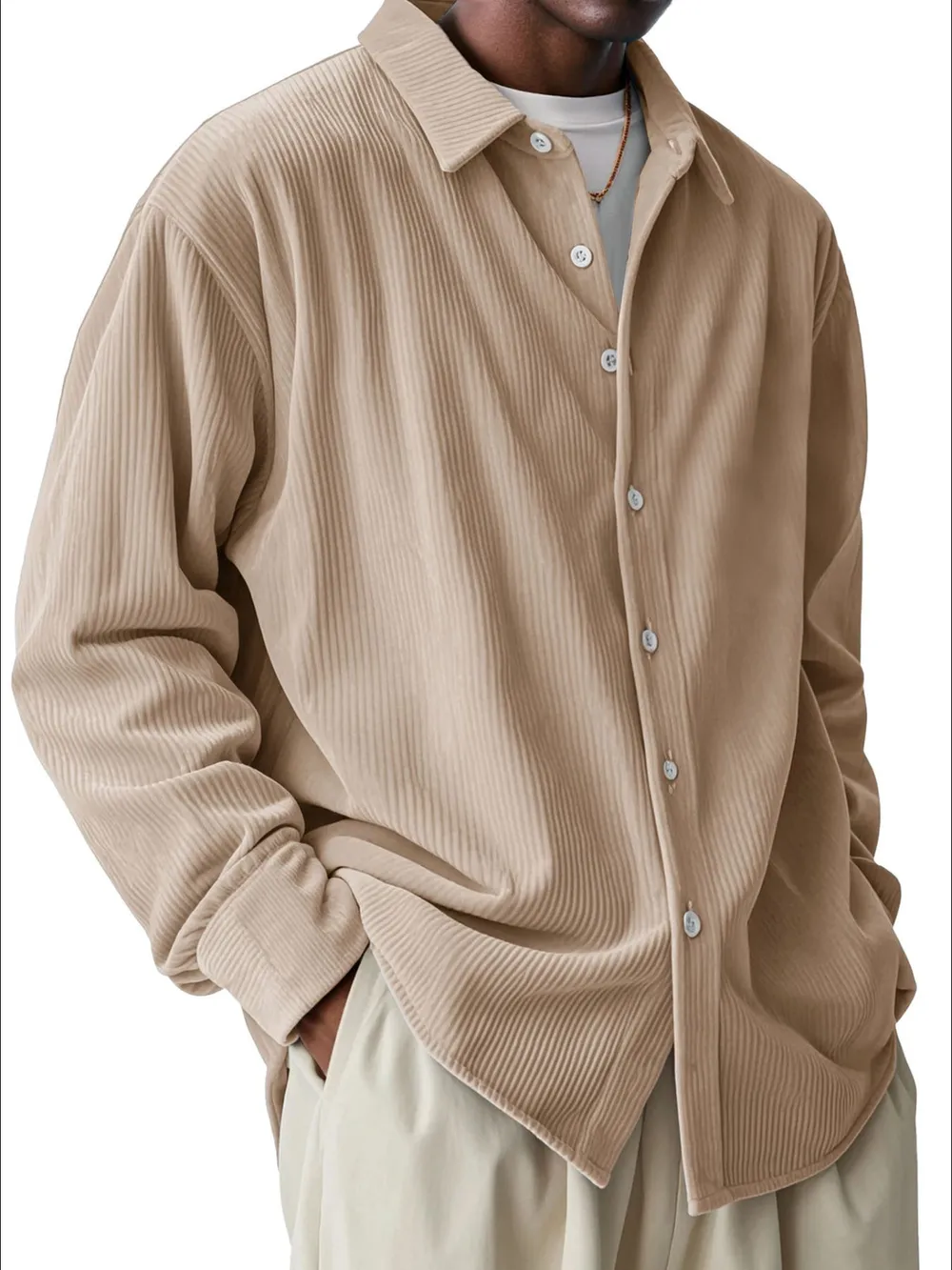 Men's Full Size Textured Button-Down Corduroy Shirt Plus Size, image 3