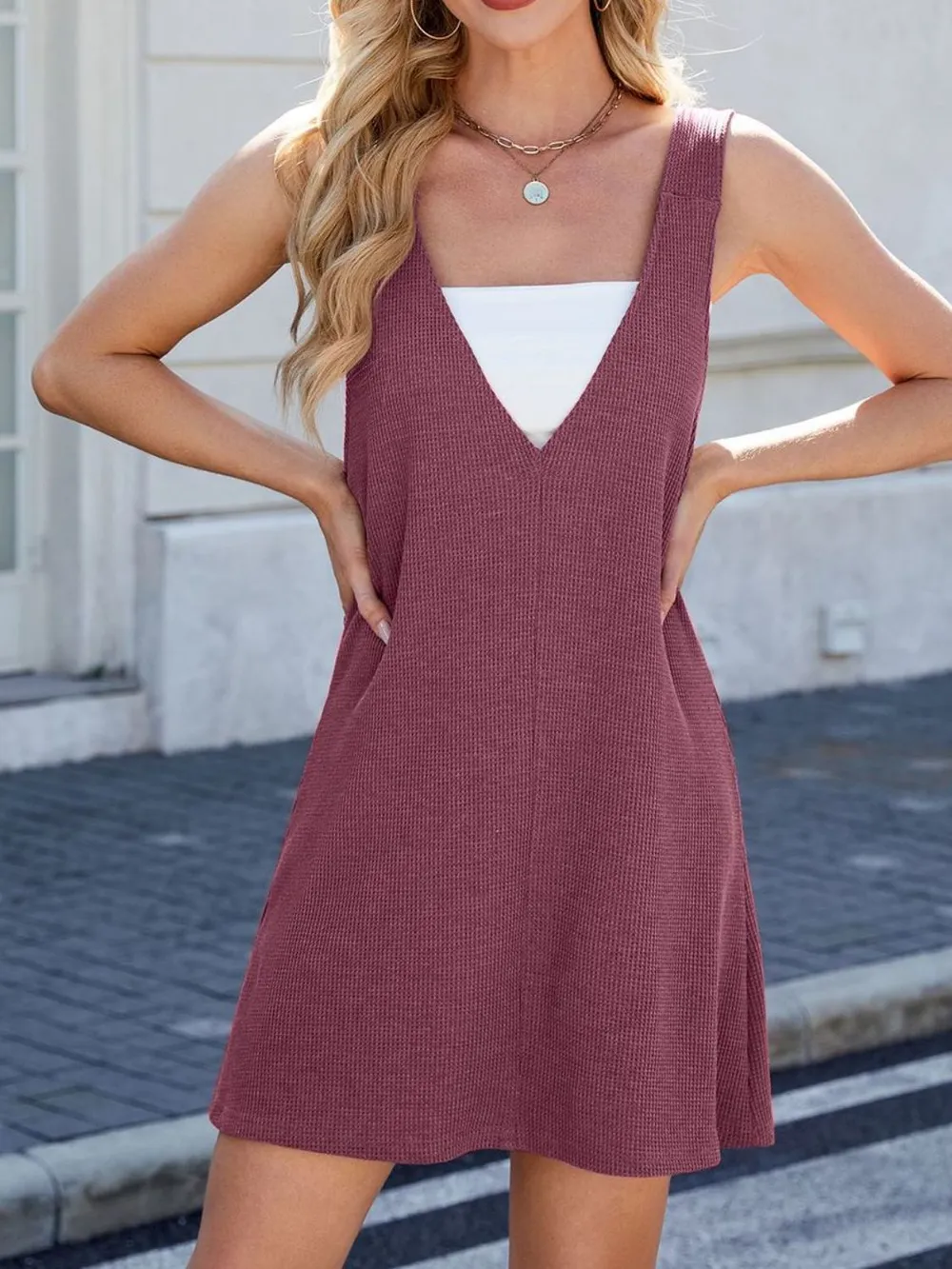 V-Neck Wide Strap Overalls Dress, image 5