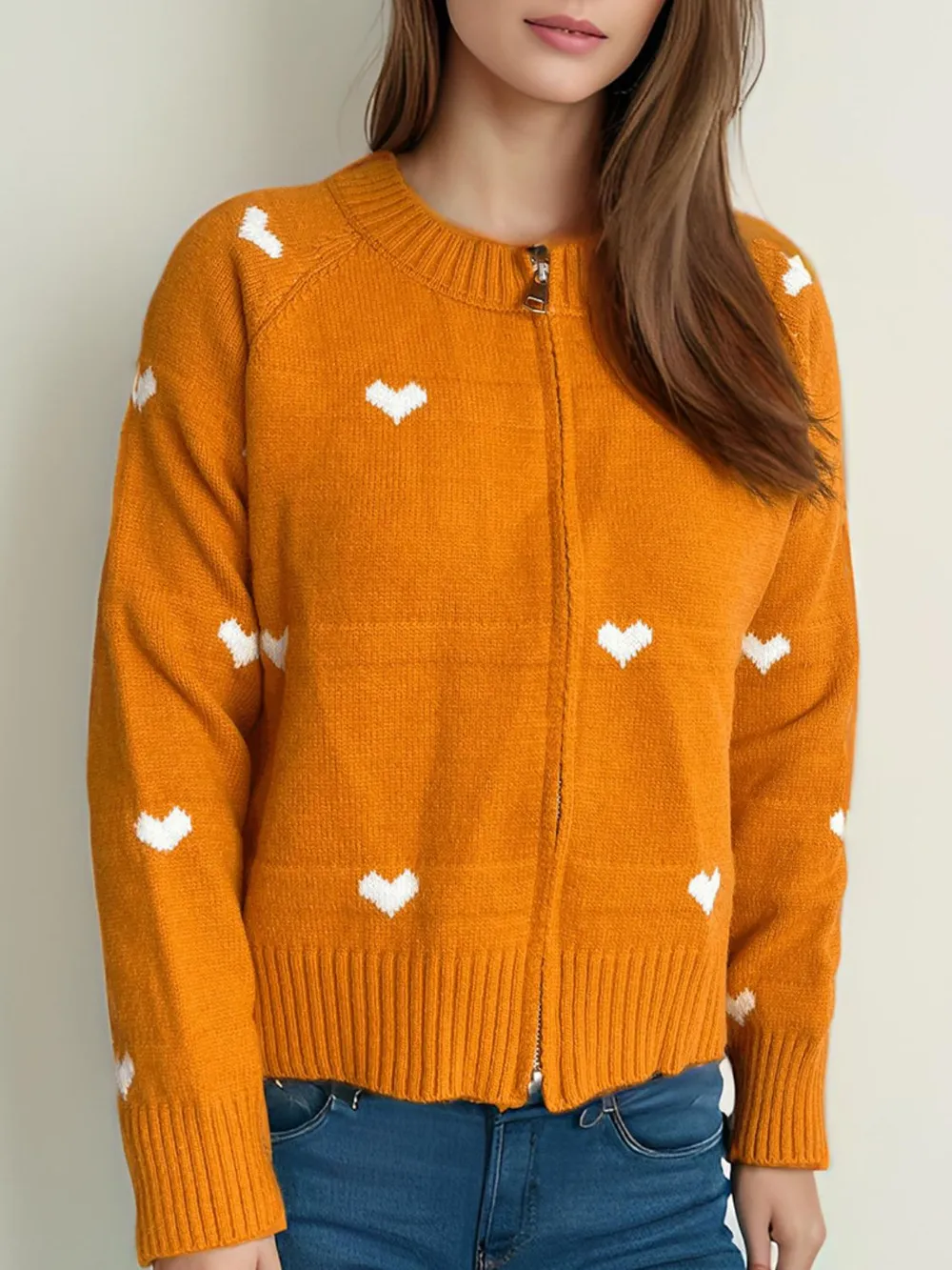 Heart Round Neck Zip Up Cardigan, image 11