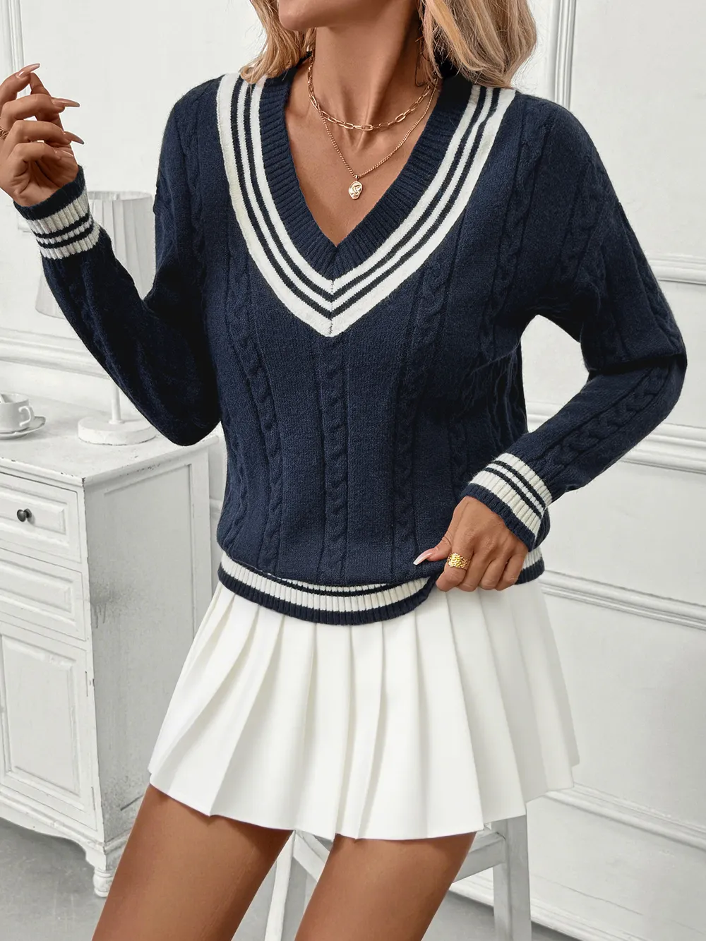 Contrast Striped V-Neck Sweater, image 8