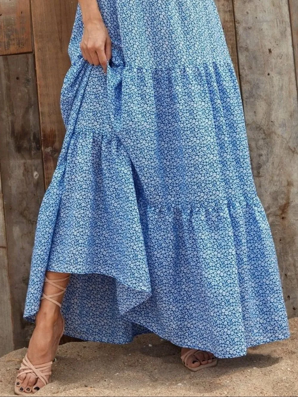 Printed V-Neck Ruffled Cap Sleeve Maxi Dress, image 15