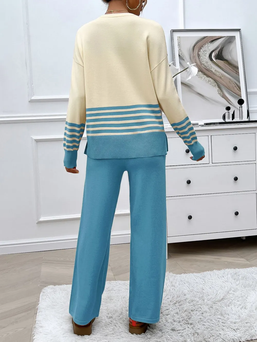 Slit Striped Round Neck Top and Pants Sweater Set, image 16