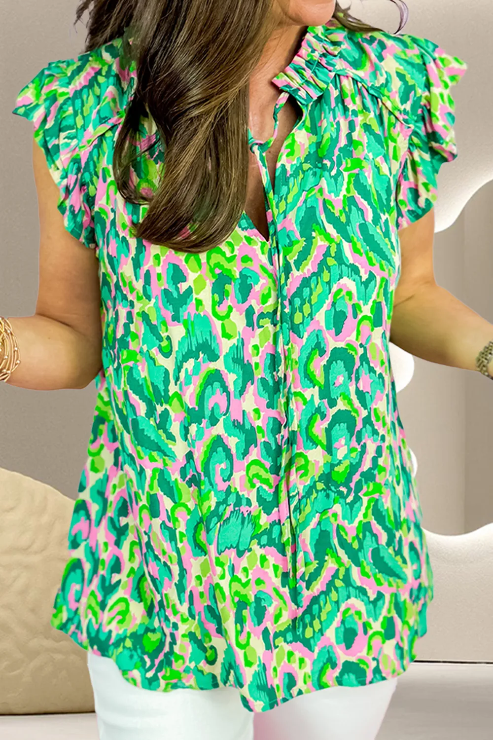 Ruffled Printed Tie Neck Cap Sleeve Blouse, image 3
