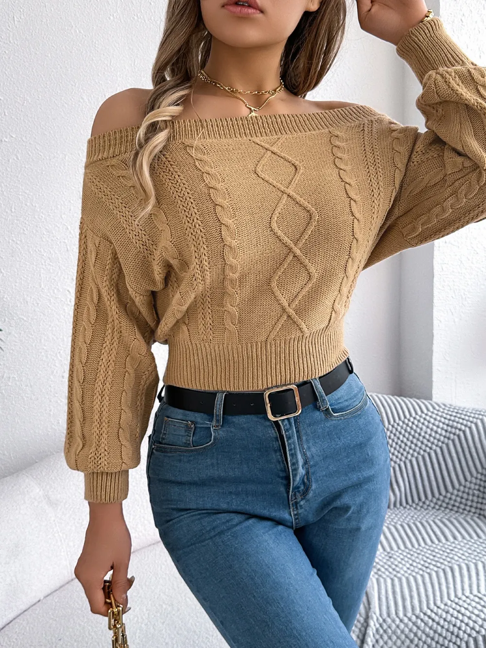 Cable Knit Off-Shoulder Long Sleeve Sweater, image 6