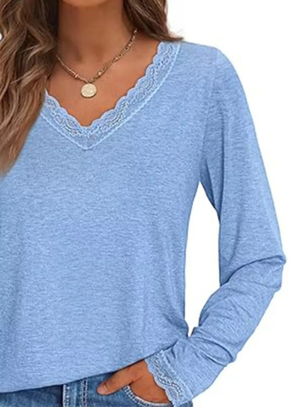 Lace Trim V-Neck Long Sleeve T-Shirt, image 17