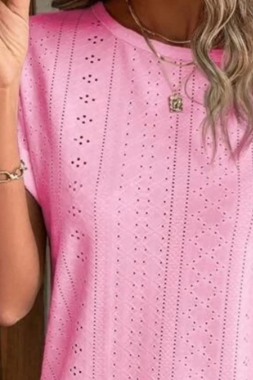 Eyelet Round Neck Short Sleeve T-Shirt, image 24