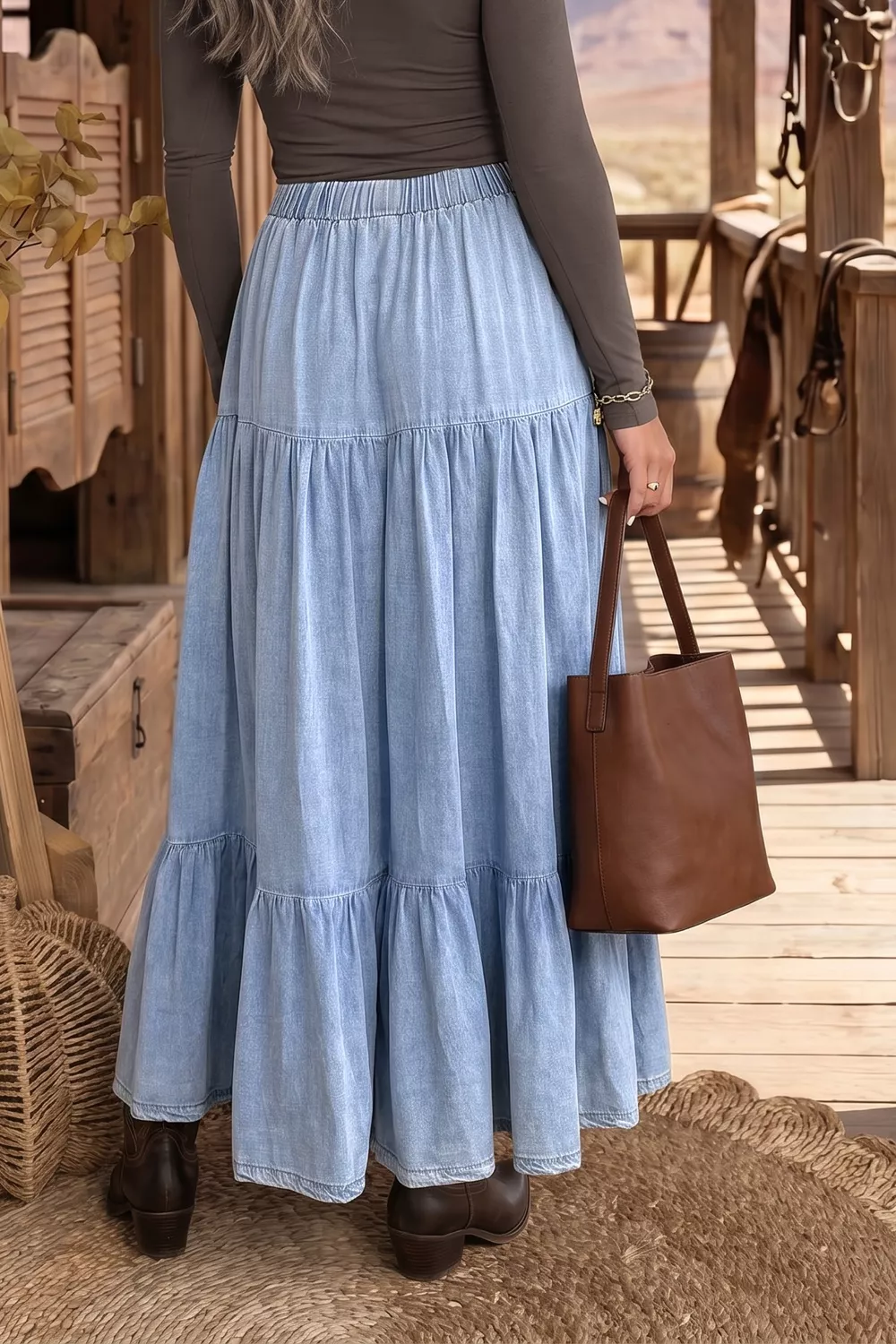 Elastic Waist Ruffled Tiered Flared Denim Maxi Skirt, image 2