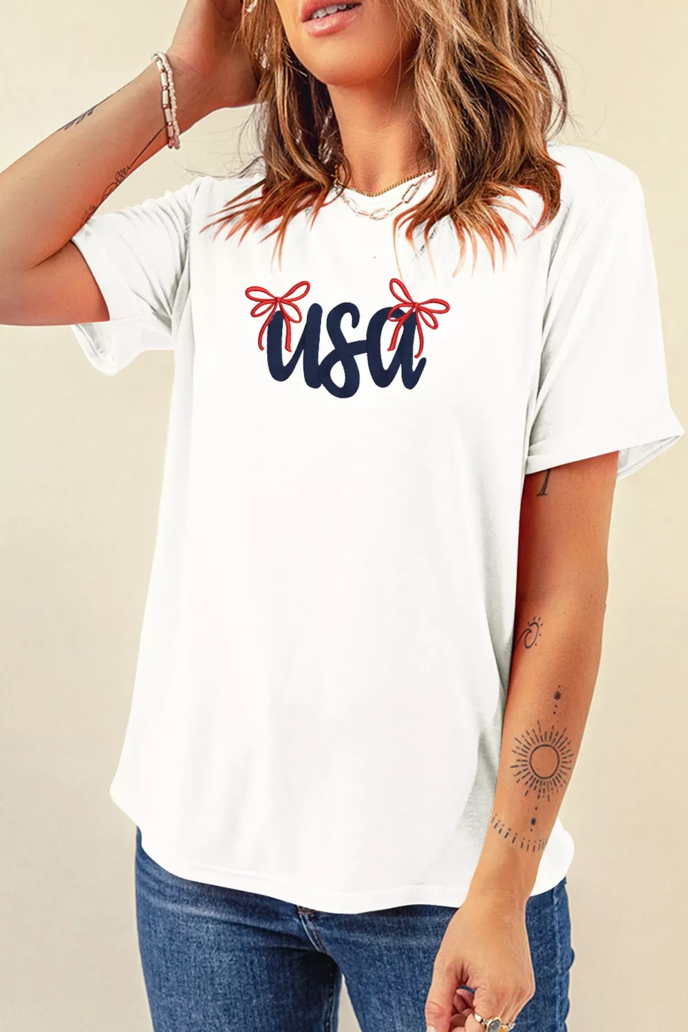 USA Lettering Bow Embroidered T Shirt, image 5