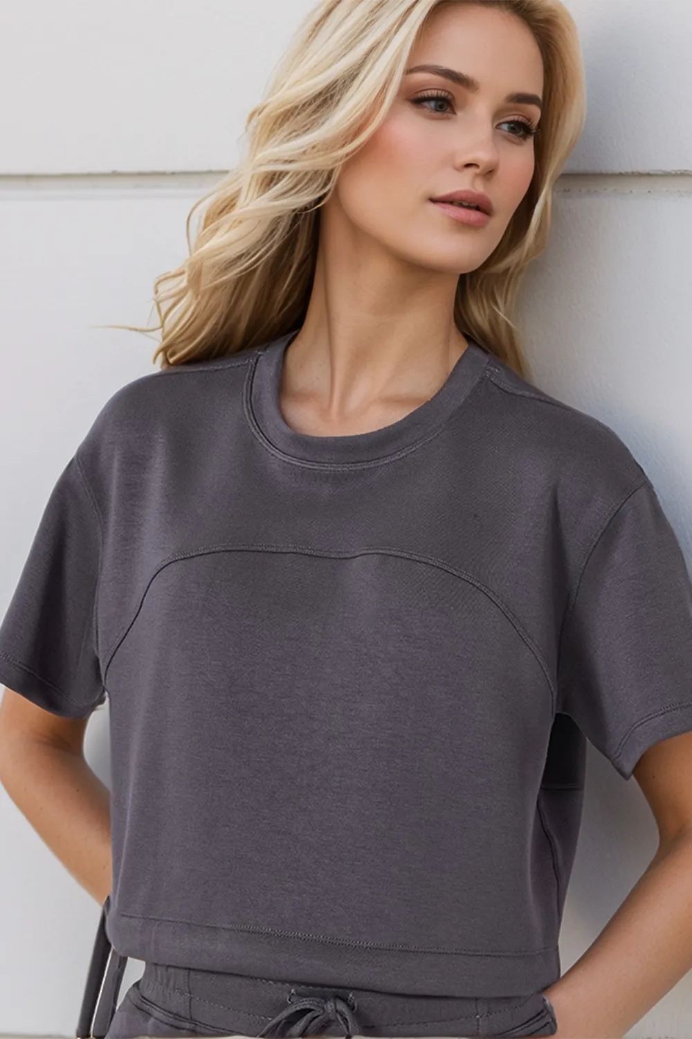 Drawstring Hem Air Scuba Round Neck Short Sleeve T-Shirt, image 7
