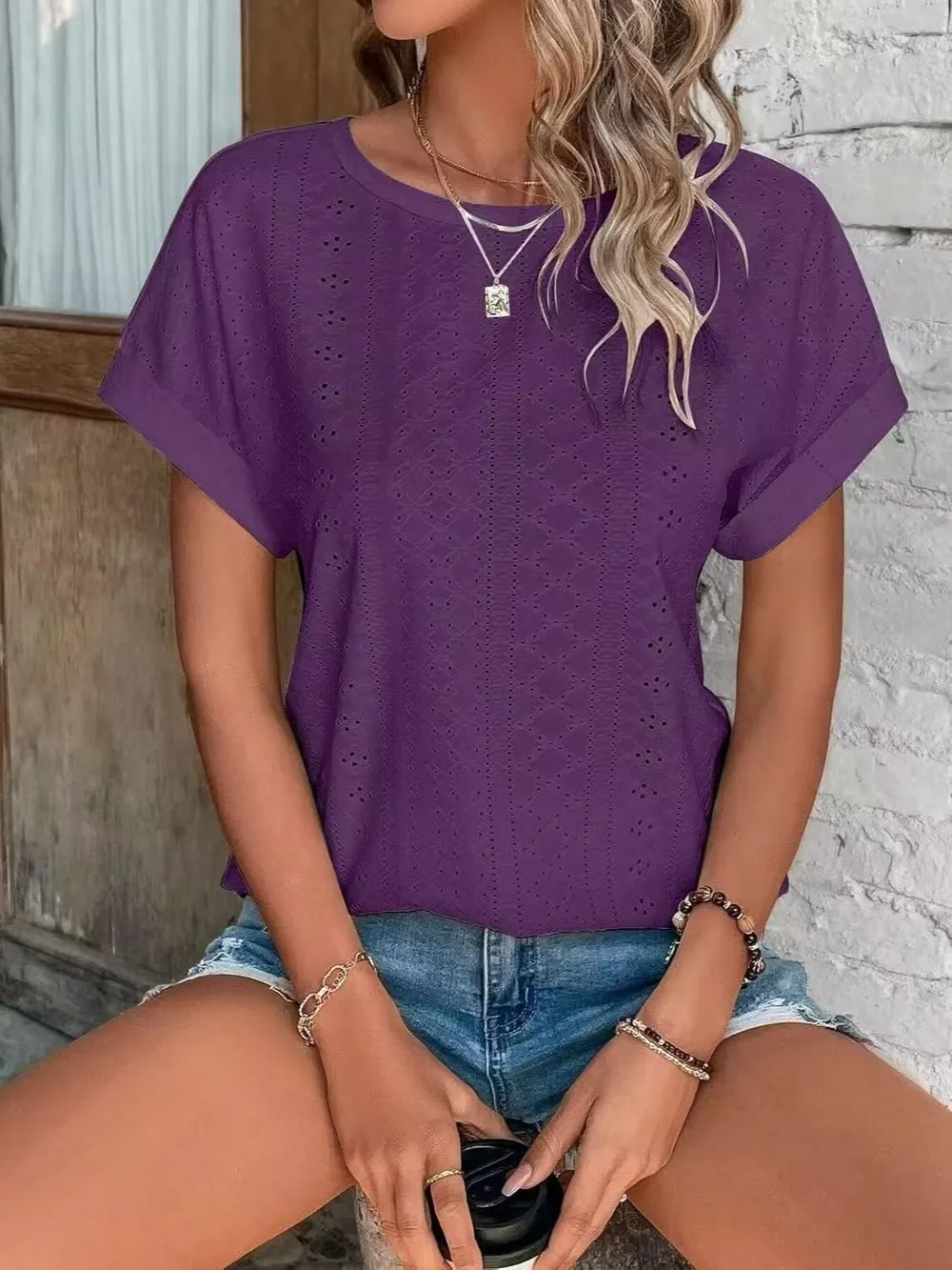 Eyelet Round Neck Short Sleeve T-Shirt, image 18