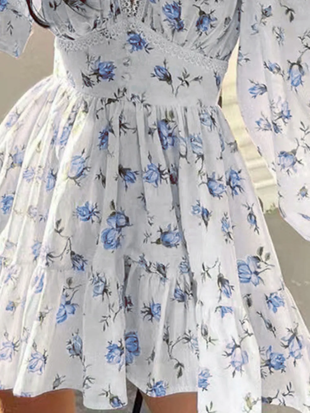 Lace Detail V-Neck Balloon Sleeve Dress, image 9