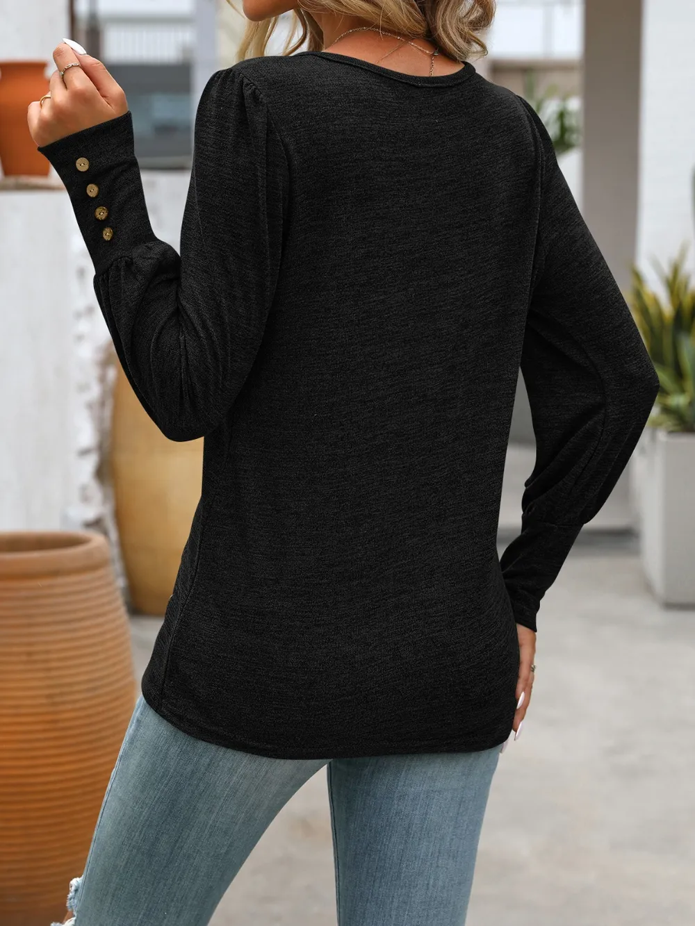 Decorative Button Round Neck Long Sleeve T-Shirt, image 16