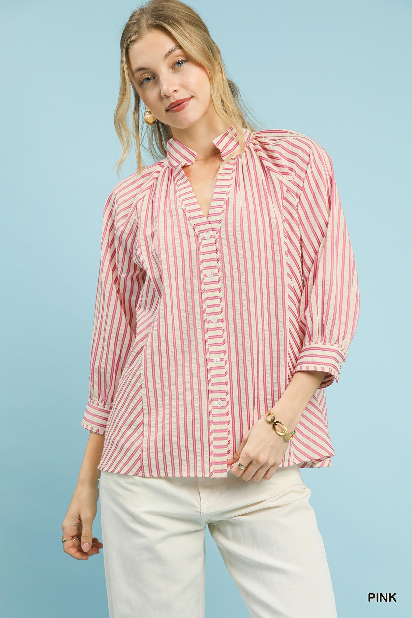 Striped V-Neck Button Down Top