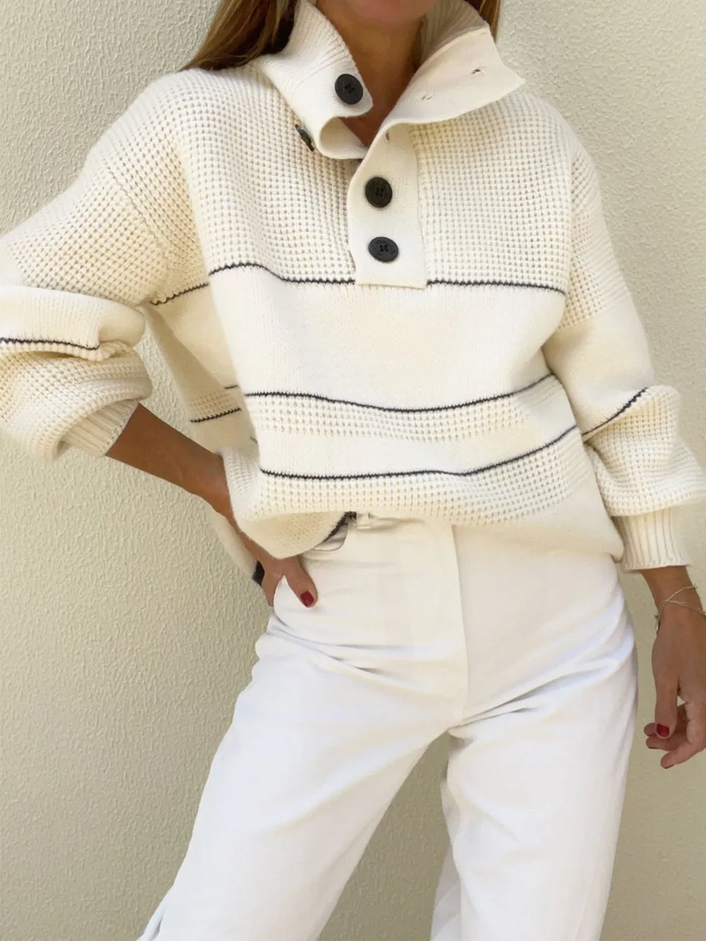 Waffle-Knit Half Button Long Sleeve Sweater, image 4