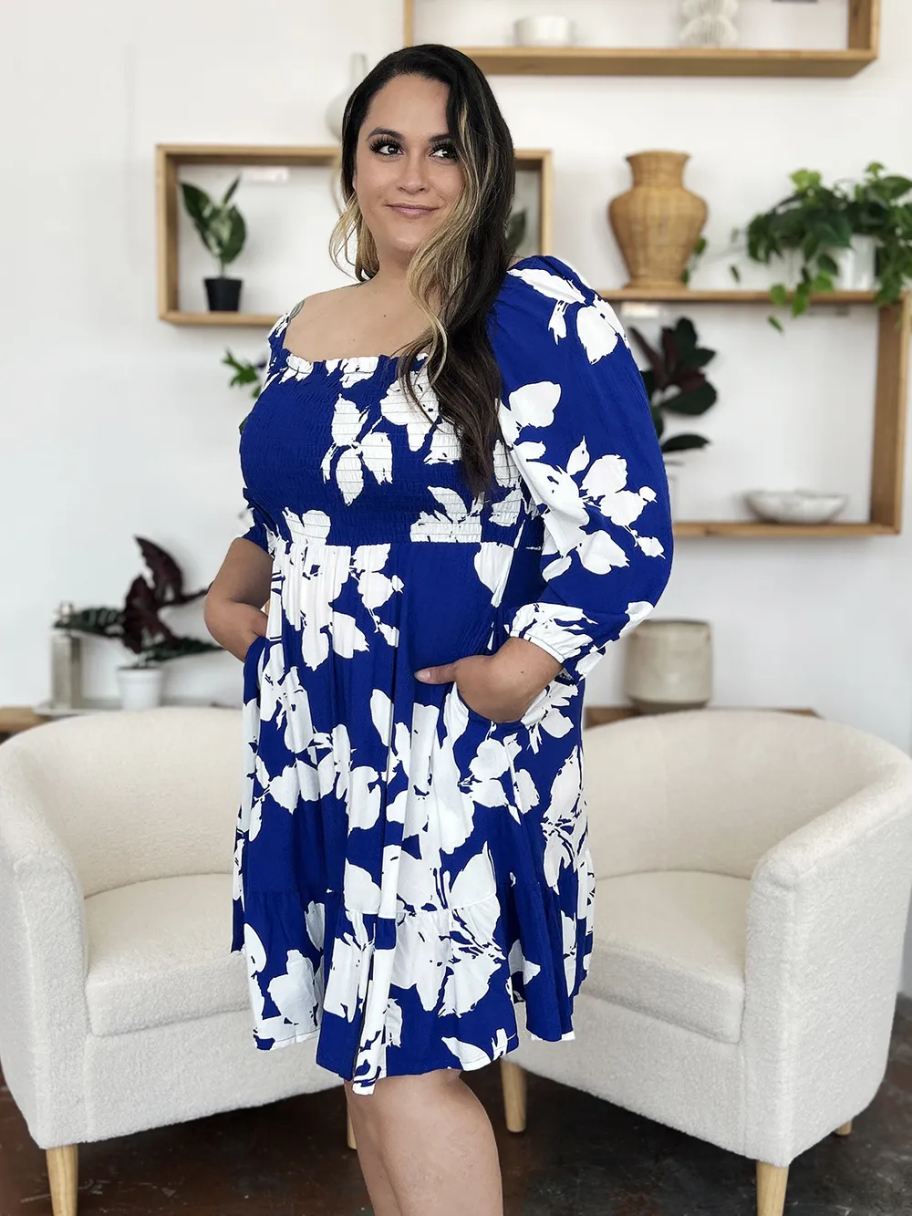 Full Size Floral Ruffle Hem Smocked Dress with Pockets, image 19