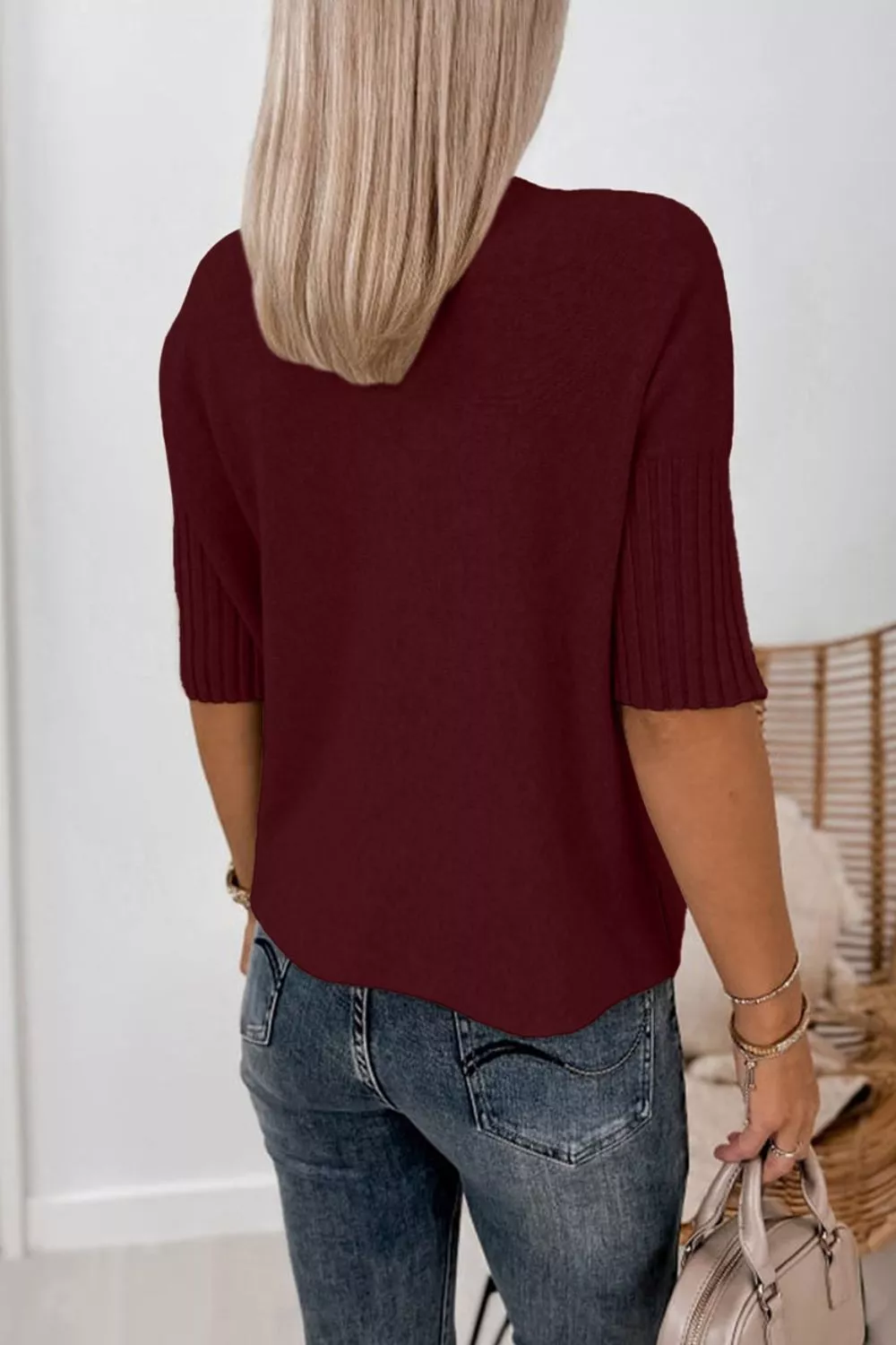Mock Neck Half Sleeve Ribbed Sweater, image 4
