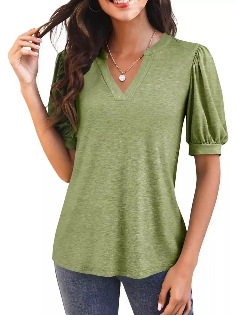 Puff Sleeve Notched Casual T-Shirt, image 5