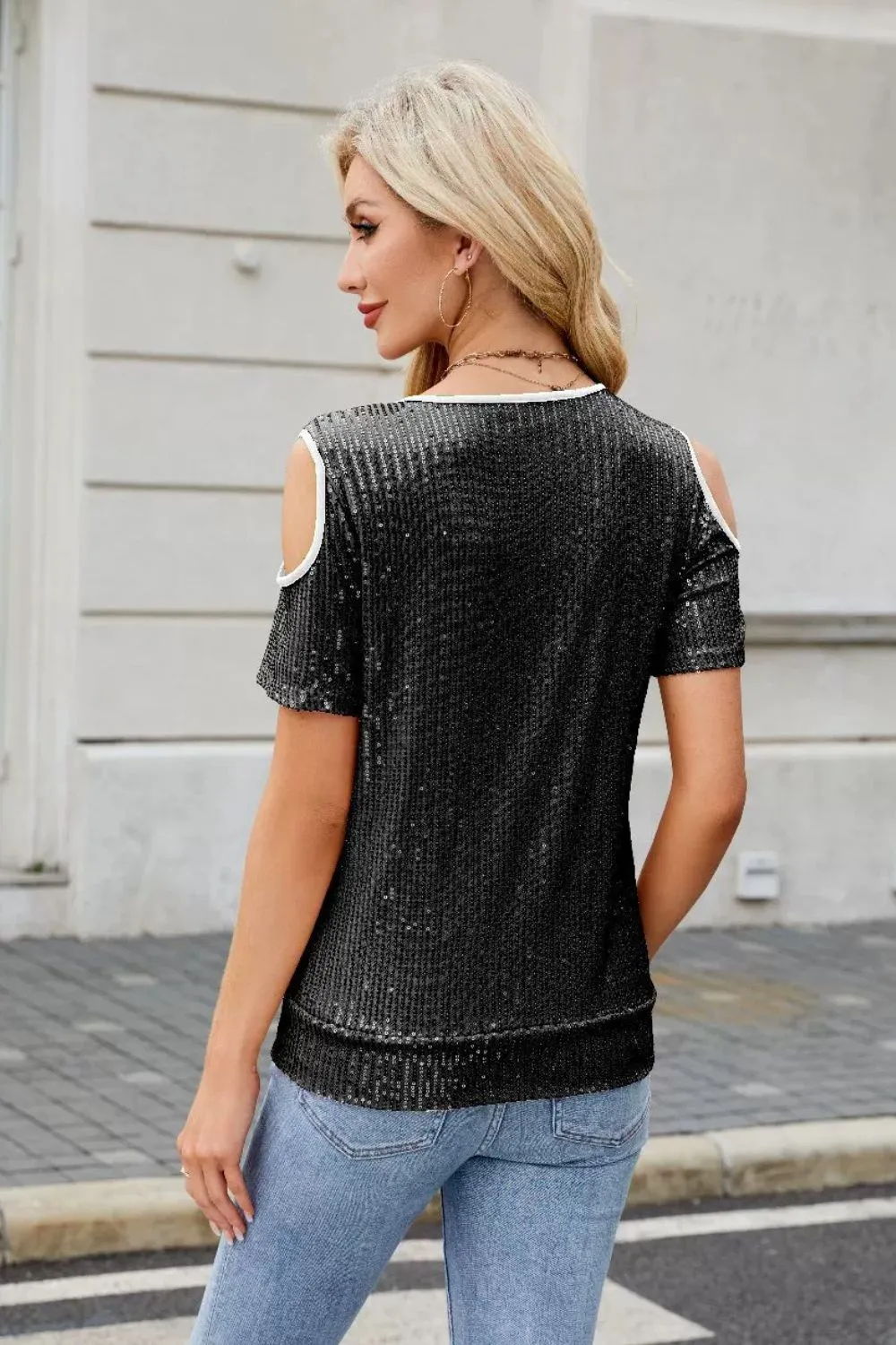 Sequin Crisscross V-Neck Cold Shoulder Blouse, image 4