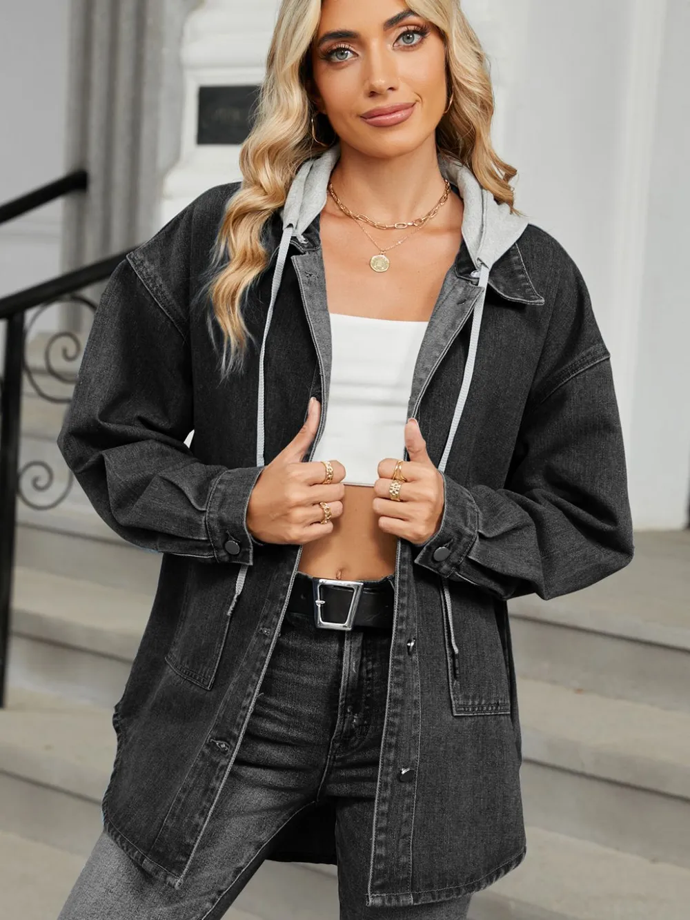 Removable Hood Button Up Long Sleeve Denim Jacket, image 7