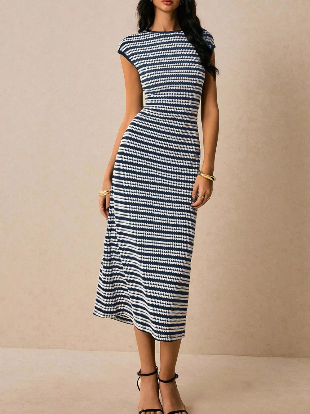 Striped Cap Sleeve Bodycon Midi Dress, image 29