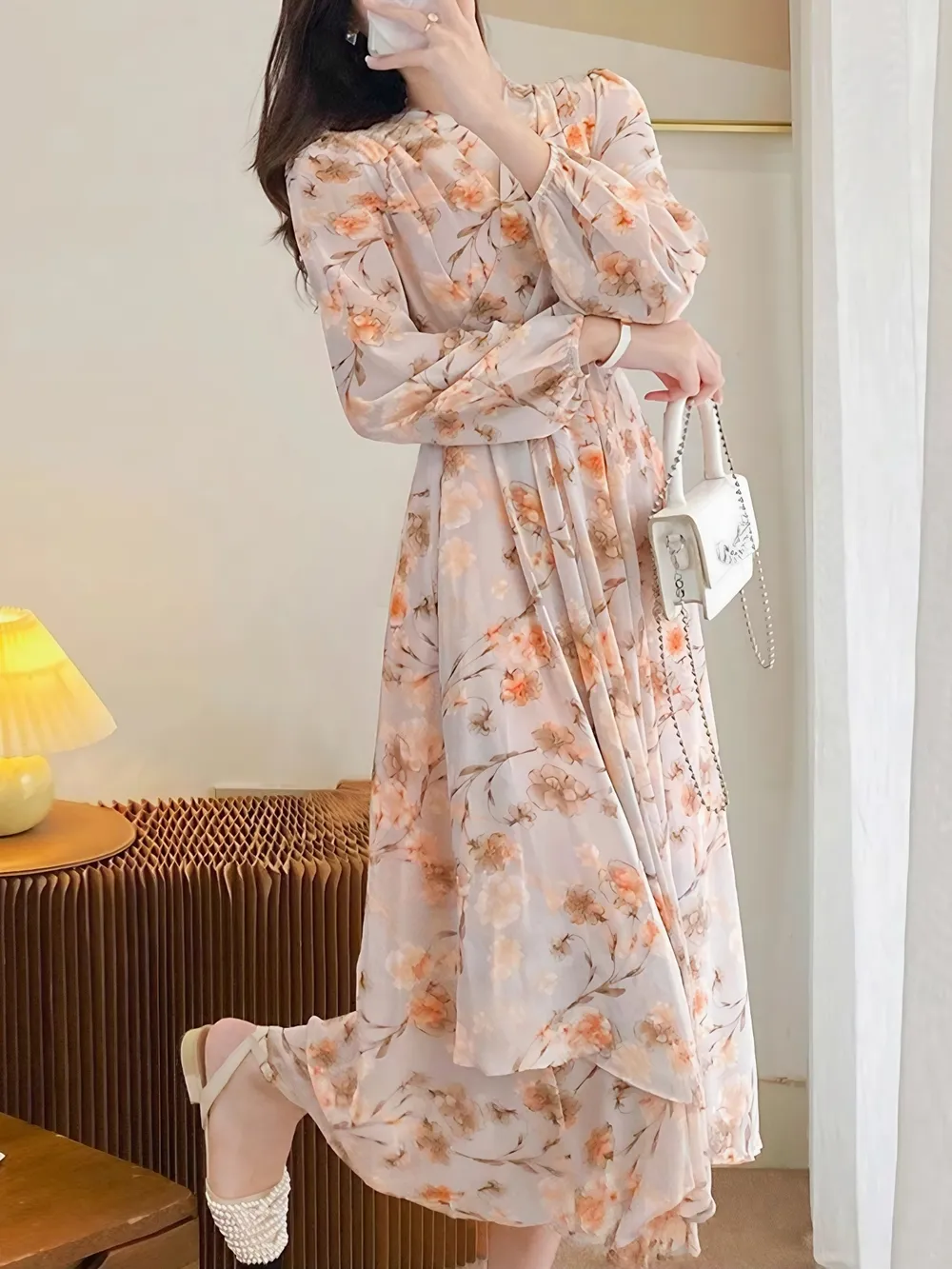Floral Print Long Sleeve Midi Dress, image 6