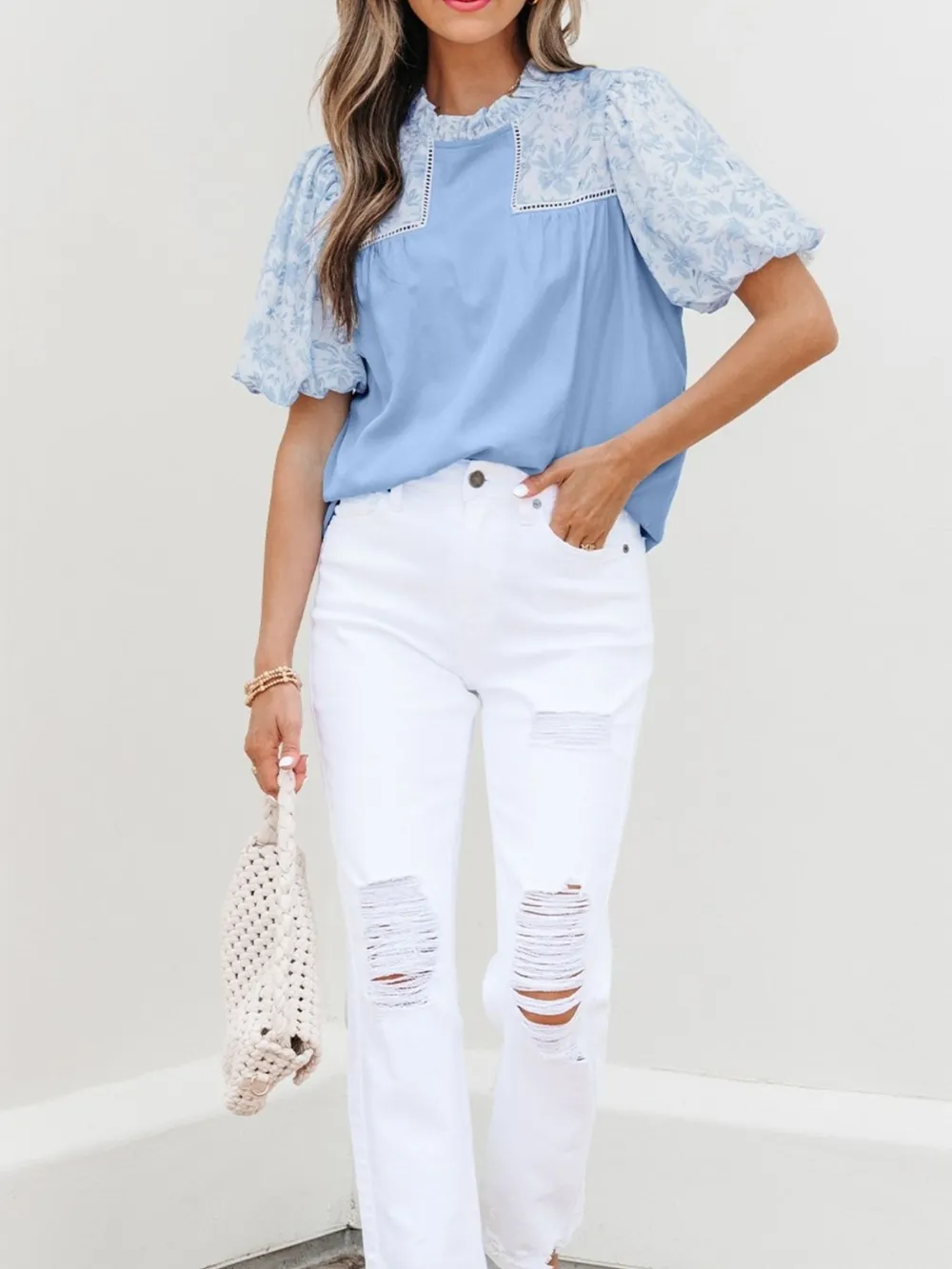 Lace Insert Floral Puff Sleeve Patchwork Loose Blouse, image 3