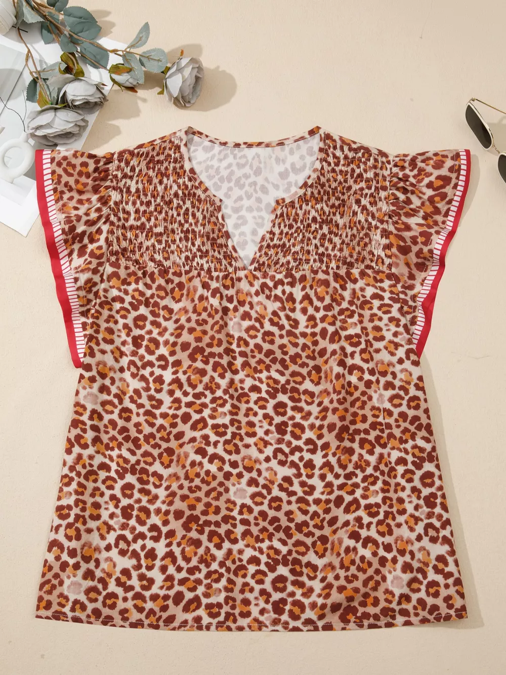 Leopard Print Smocked Notched Blouse, image 7