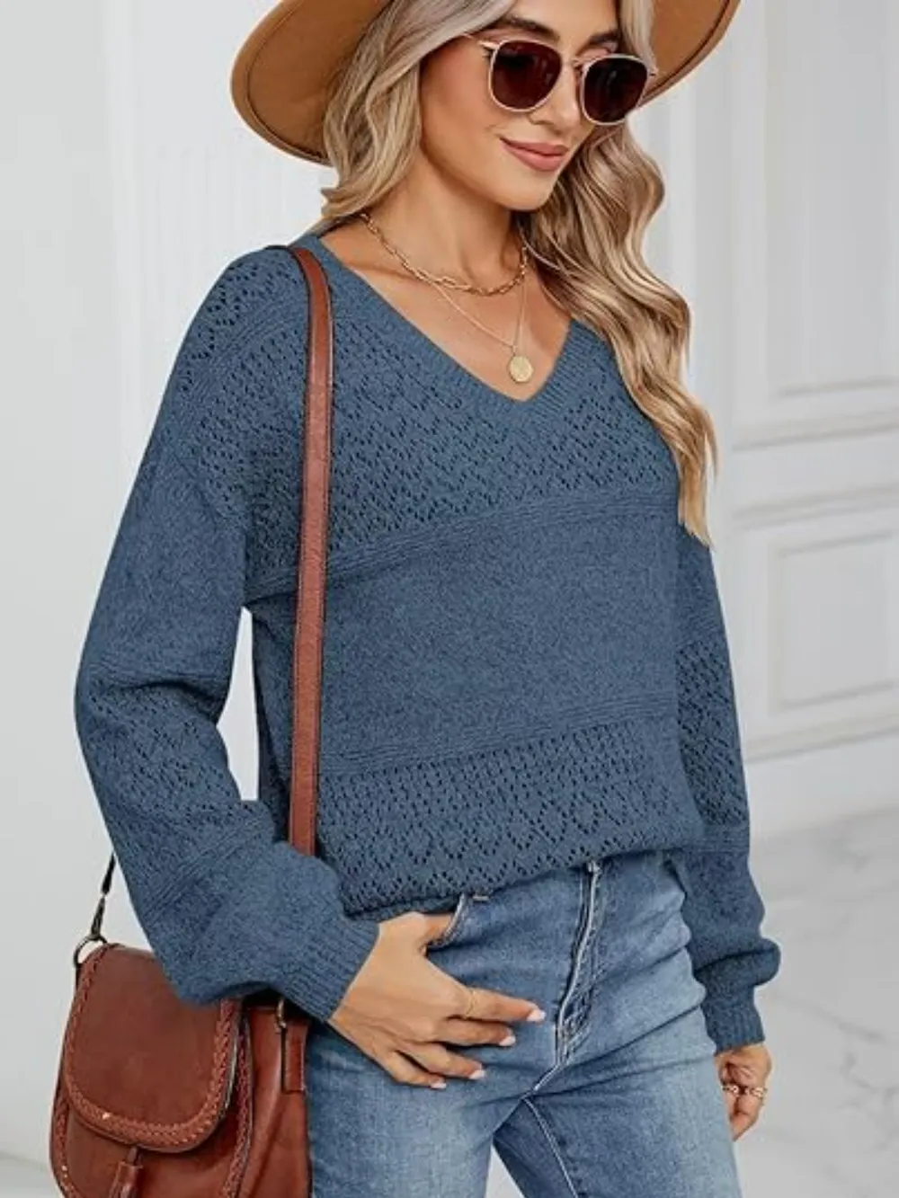 Eyelet V-Neck Long Sleeve Sweater, image 8