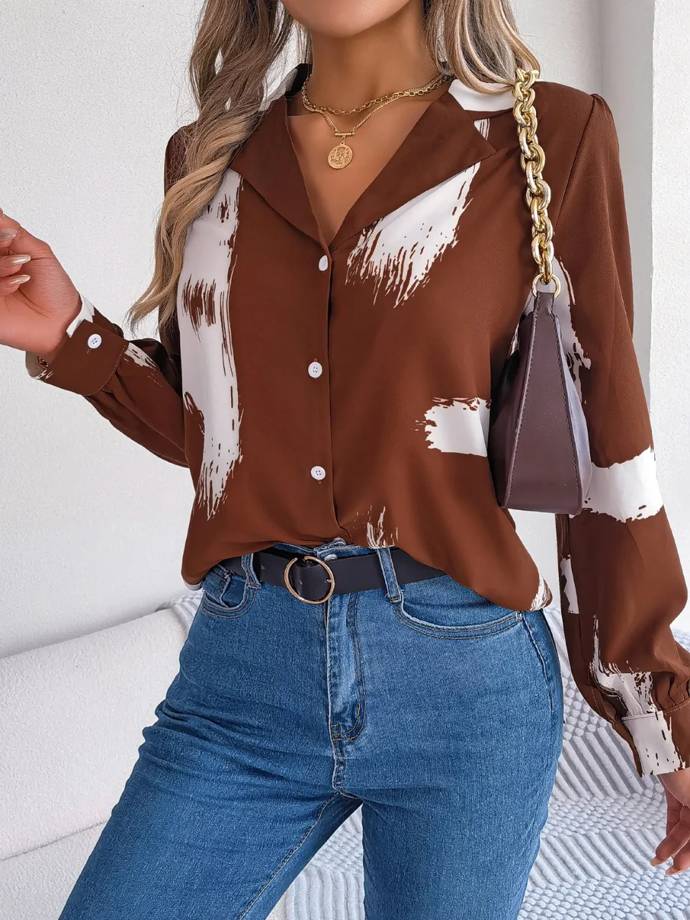 Printed Collared Neck Button Up Shirt, image 7