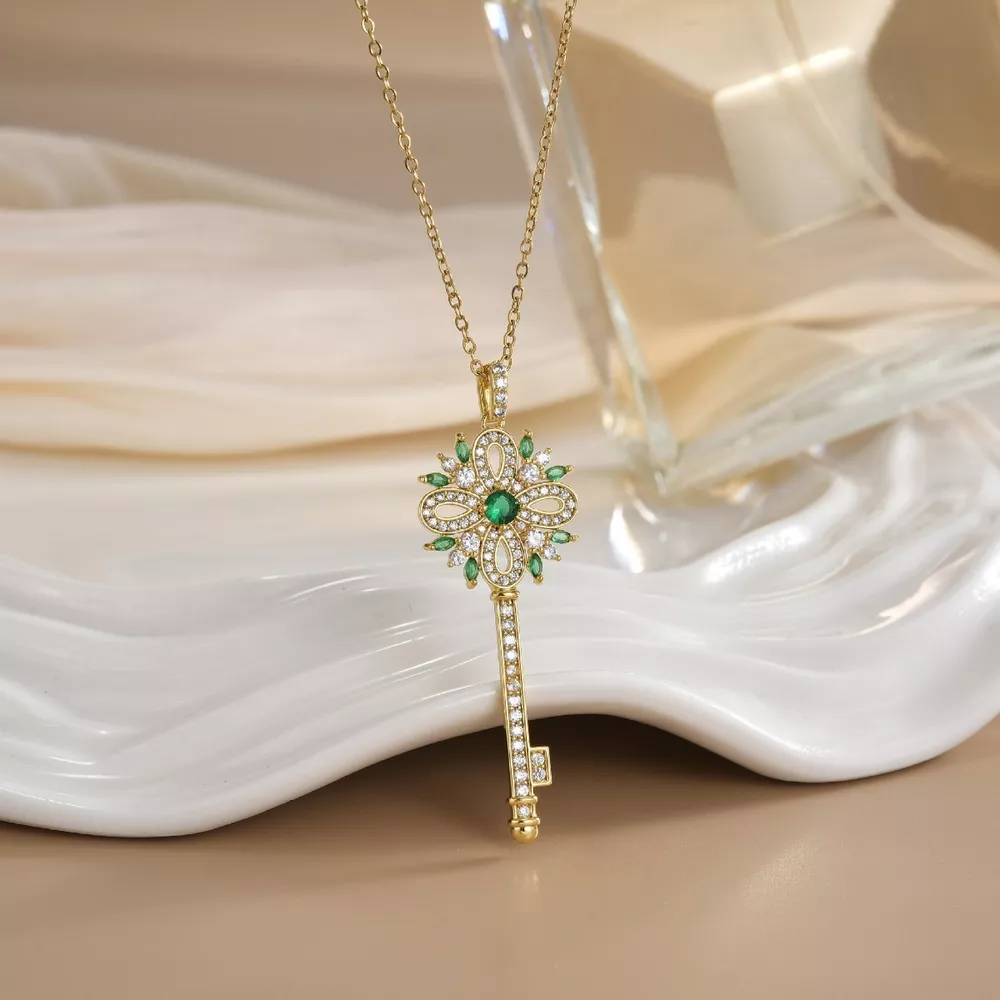 18K Gold-Plated Zircon Key Pendant Necklace, image 4