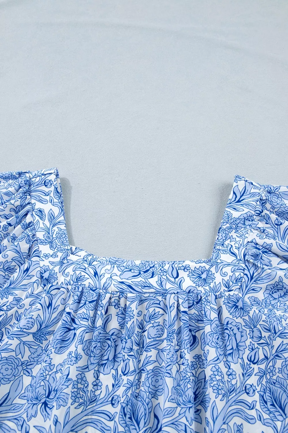 Square Neck Short Puff Sleeve Pleated Floral Blouse, image 12