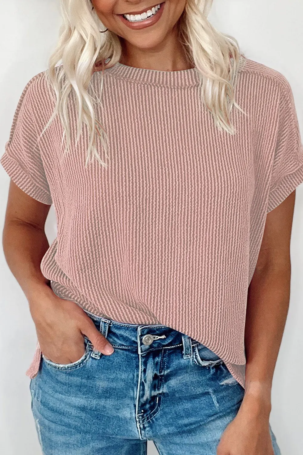 Casual Ribbed Short Sleeve Round Neck T-Shirt, image 27