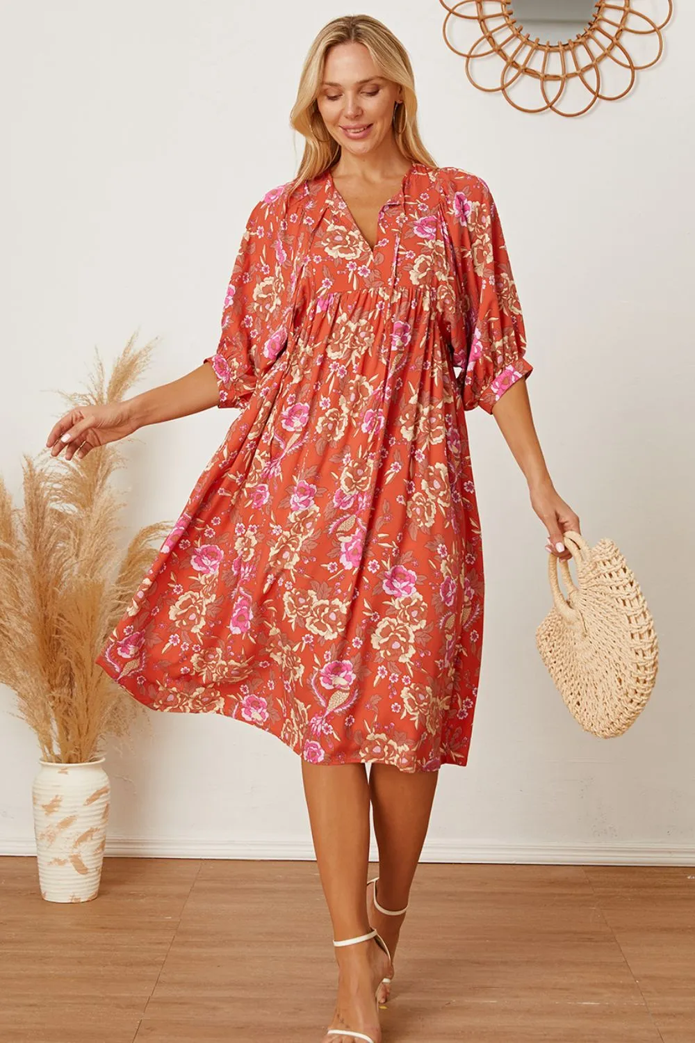 Floral Tie Neck Half Sleeve Dress, image 3