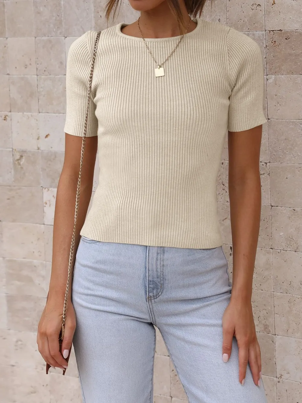 Round Neck Short Sleeve Knit Top, image 2