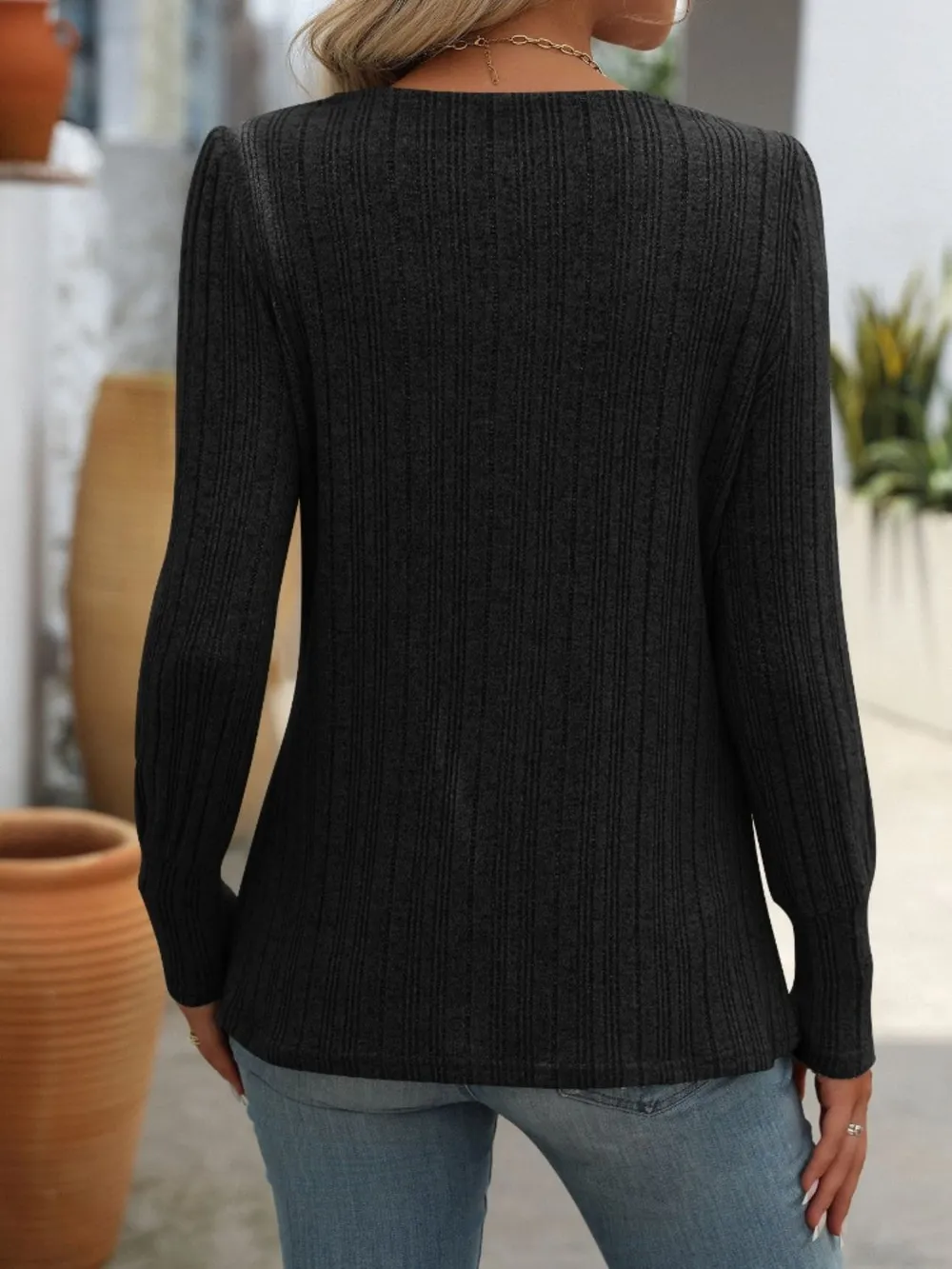 Decorative Button Striped Square Neck Long Sleeve T-Shirt, image 12