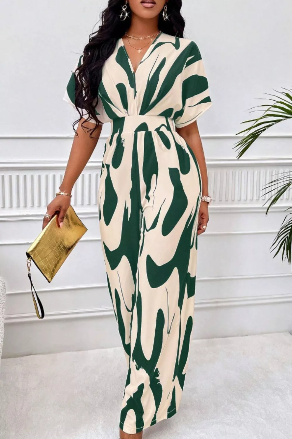 Printed V-Neck Short Sleeve Wide Leg Jumpsuit, image 15