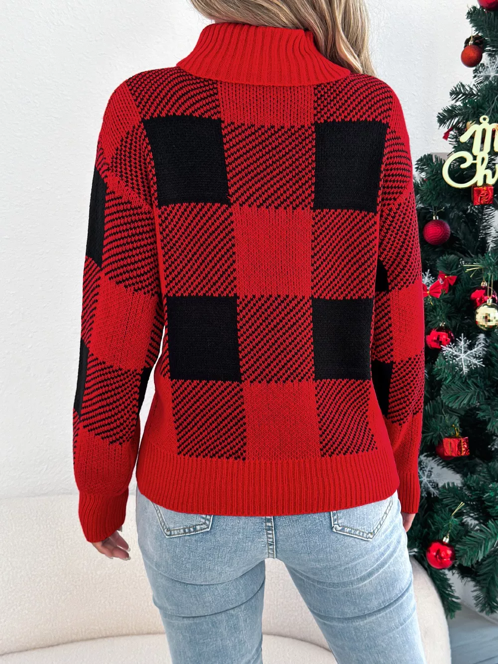 Christmas Plaid Long Sleeve Turtleneck Sweater, image 8