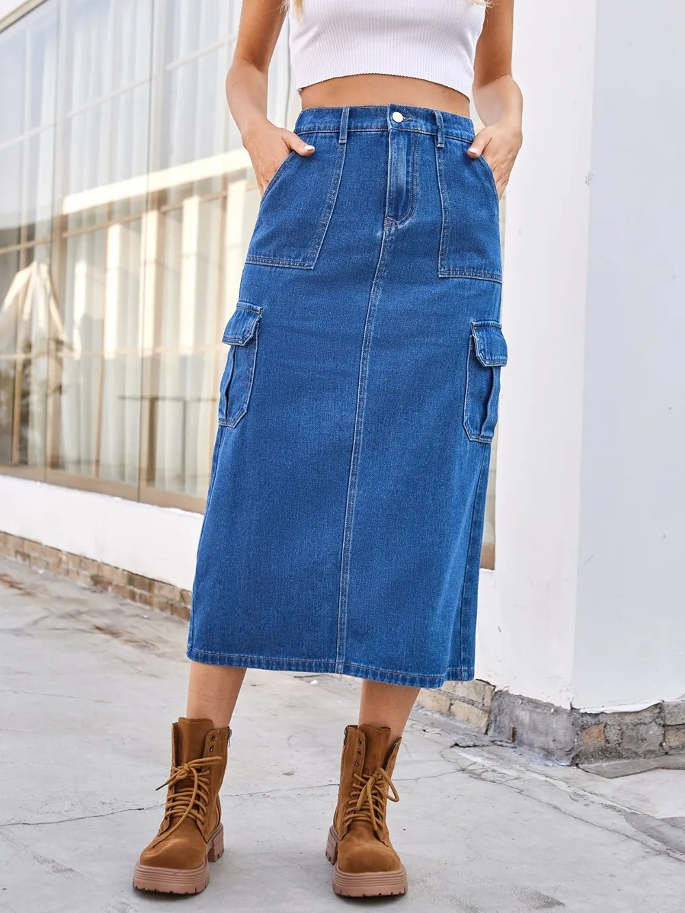 Slit Midi Denim Skirt with Pockets, image 4