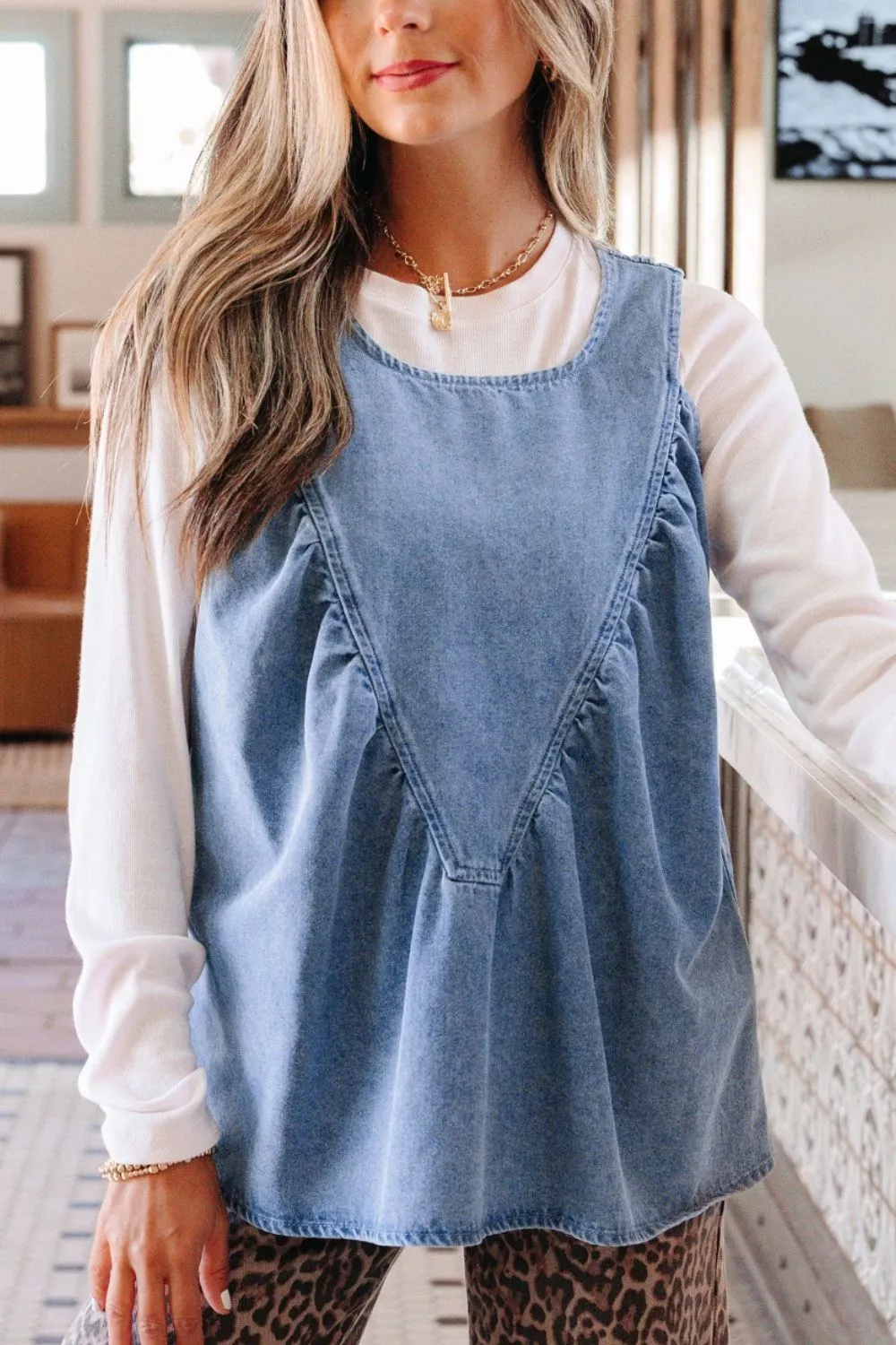 Denim Pleated Patchwork Sleeveless Top, image 2