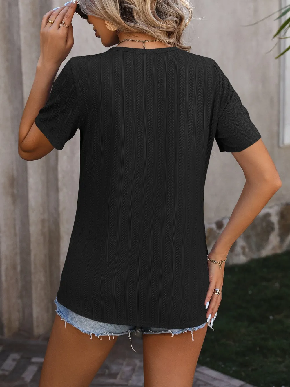 Decorative Button Round Neck Short Sleeve Blouse, image 12