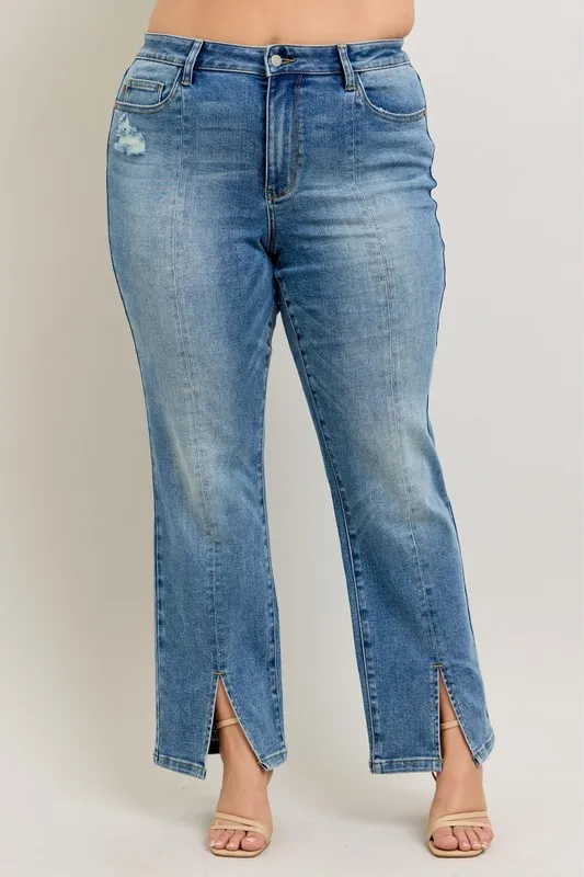 Full Size High Waist Vintage Wash Front Seam & Slit Straight Plus Size, image 6