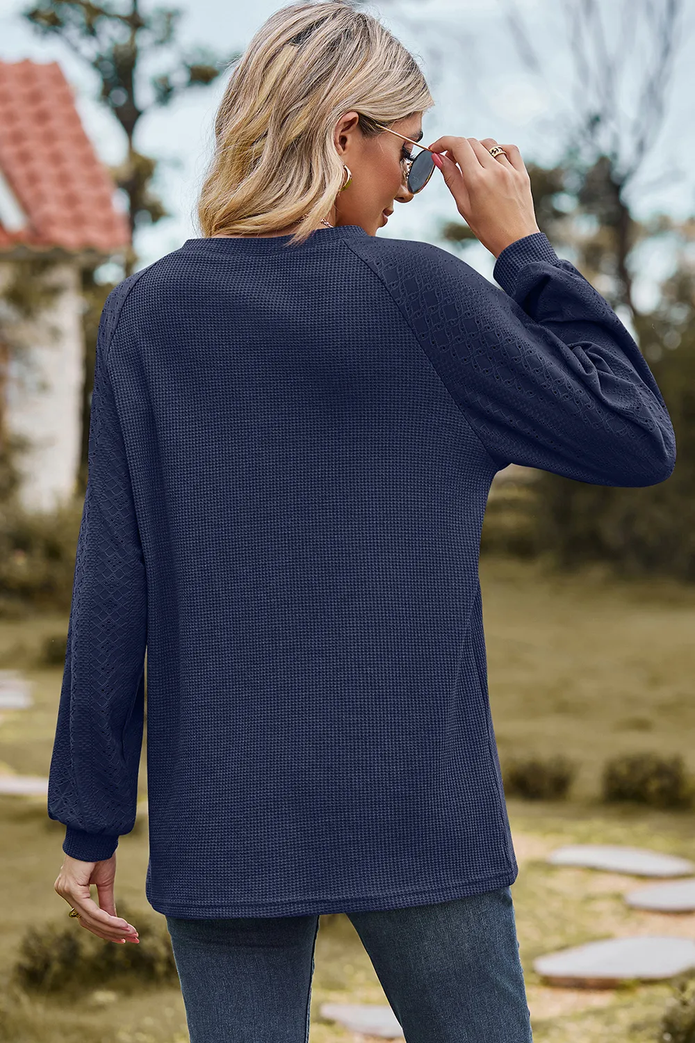 Eyelet Round Neck Long Sleeve T-Shirt, image 7