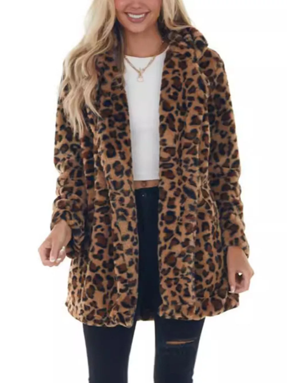 Full Size Leopard Faux Fur Open Front Outerwear Plus Size, image 5