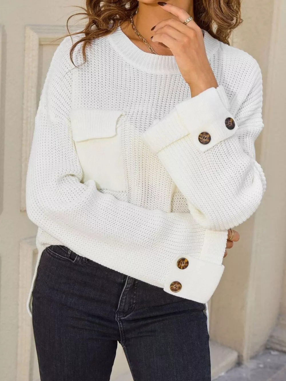 Pocket Detail Round Neck Sweater, image 9