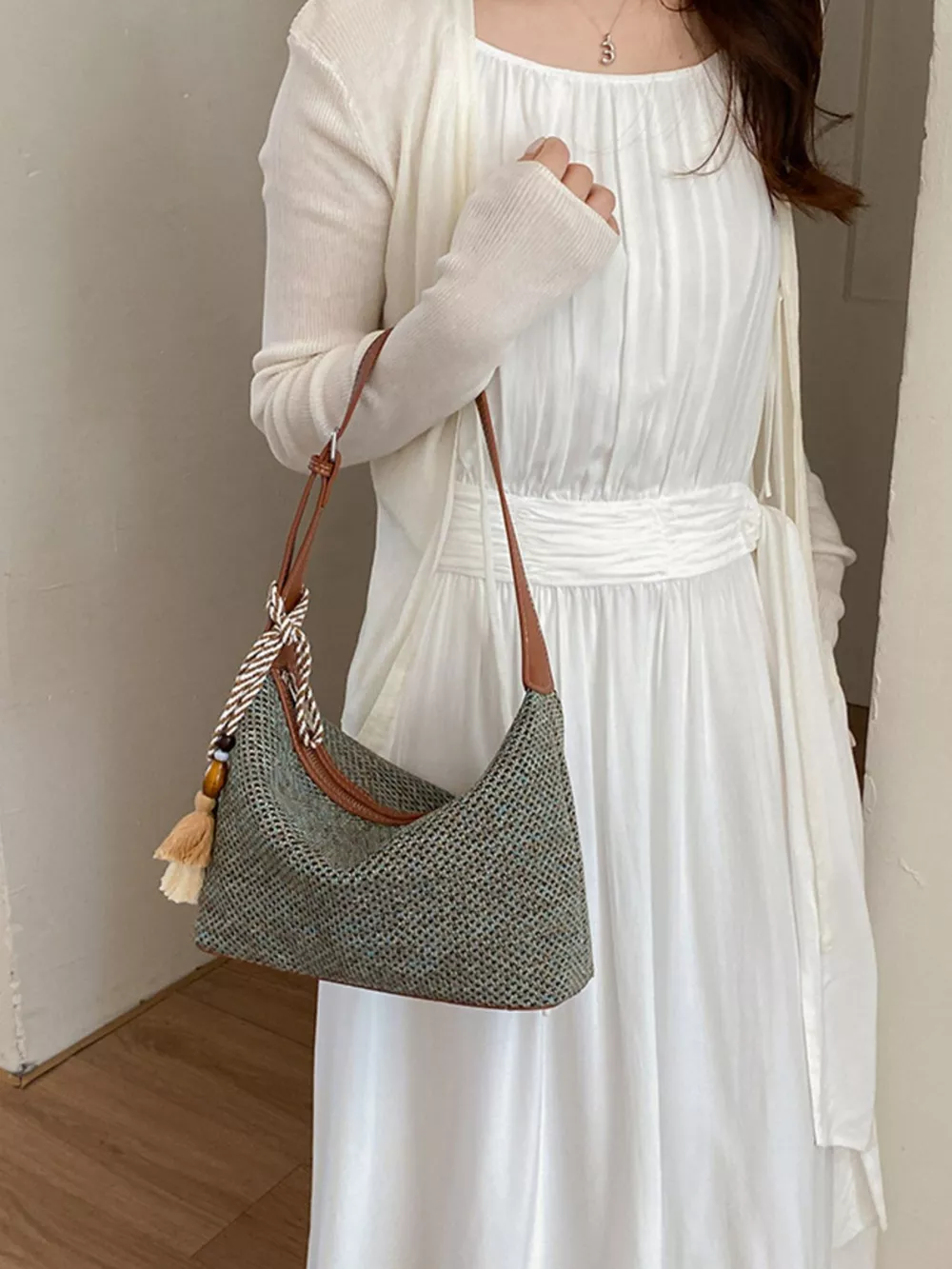 Woven Shoulder Bag with Tassel, image 17